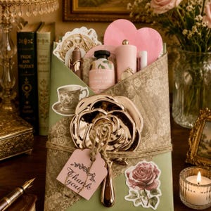 May include: A green gift envelope decorated with a large metallic rose-shaped object, a pink tag with the text Thank you, and floral stickers. Inside are various beauty products including a Byredo Rose of No Man's Land perfume bottle.