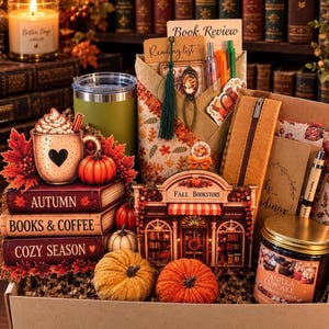May include: A gift box containing a green tumbler, a stack of three books labeled Autumn, Books & Coffee, and Cozy Season, a Fall Bookstore sign, a vanilla cupcake candle, a reading list, a pencil case, pens, and small decorative pumpkins.
