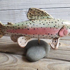 Stoneware ceramic Rainbow Trout on Montana river stone base