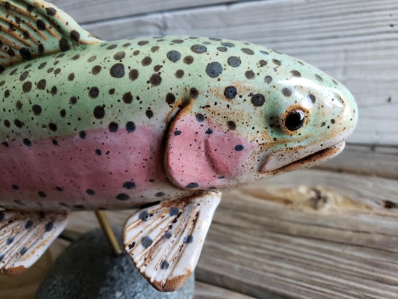 Stoneware Ceramic Rainbow Trout on Montana River Stone Base - Etsy