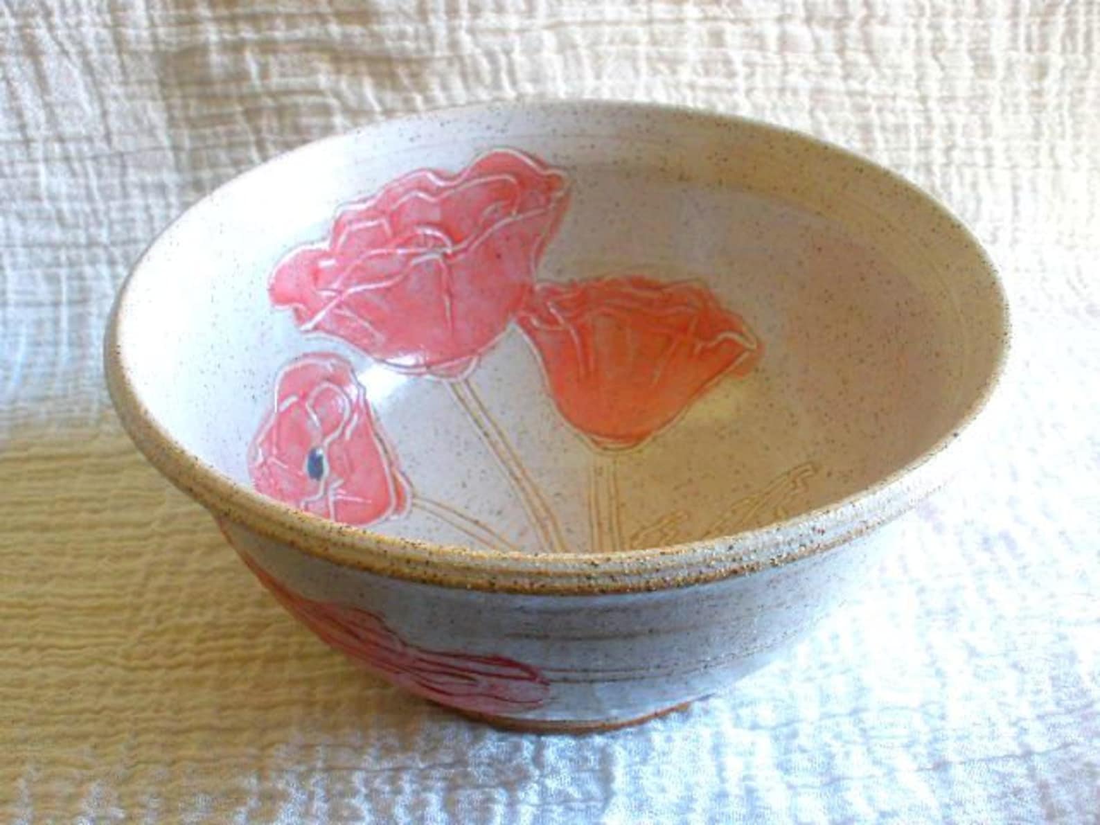 Red Poppy Stoneware Pottery Bowl - Medium