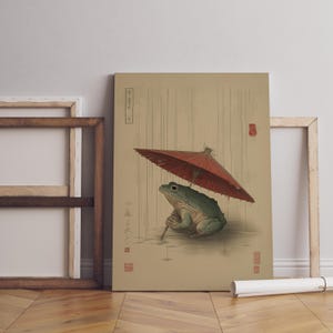 Plakat z żabą w stylu vintage z parasolem | Sztuka ścienna w stylu japońskim | Minimalistyczna ilustracja z żabą deszczową | Japoński nadruk z żabą, nadruk z żabą do łazienki
