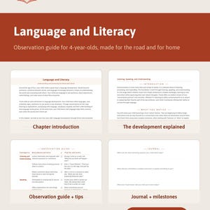 May include: A digital educational document titled Explocationers, Pre-K Language and Literacy, featuring an observation guide for 4-year-olds. It includes four page previews showing chapter introductions, development explanations, observation guides, and journal pages.