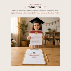 Kindergarten Graduation Kit, First Grade Readiness Portfolio and Explorer Diploma for 5 Year Olds, Printable Homeschool Ceremony
