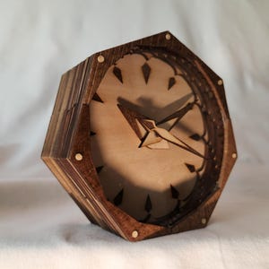 Wooden Rechargeable Clock for Desk or Wall • Unique Layered Heptagonal Design • Silent Minimalist Bedside Watch • Intriguing Engraved Gift