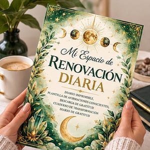 Può includere: Una copertina di diario rettangolare con un design botanico verde e oro, fasi lunari e cristalli. Il testo recita: Mi Espacio de RENOVACIÓN DIARIA, DIARIO IMPRIMIBLE, PLANTILLA DE AFIRMACIONES CONSCIENTES, DESCARGA DE GRATITUD, CUADERNO DE TRANSFORMACIÓN, DIARIO DE GRATITUD.