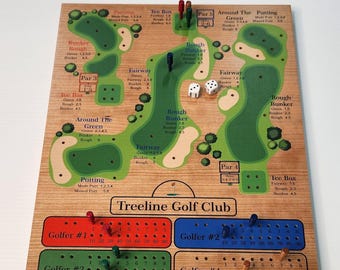 May include: Wooden Treeline Golf Club board game with a golf course design. Features green fairways, bunkers, and tee boxes. Includes pegs for scoring and dice. The board game is designed for 4 players.