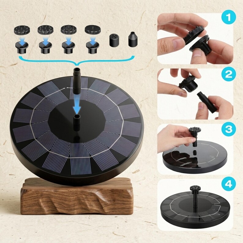 Solar fountain pump for bird bath with floating solar water pump and 6 interchangeable fountain nozzles creating a decorative garden water feature. Solar bird bath fountain adds moving water to bird baths, small ponds, outdoor fountains, and backyard gardens while attracting birds, hummingbirds, butterflies, and pollinators. Eco-friendly solar pond pump operates in direct sunlight for patios, landscaping, wildlife gardens, outdoor décor, and peaceful water fountain displays.