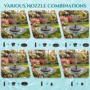 Solar fountain pump for bird bath with floating solar water pump and 6 interchangeable fountain nozzles creating a decorative garden water feature. Solar bird bath fountain adds moving water to bird baths, small ponds, outdoor fountains, and backyard gardens while attracting birds, hummingbirds, butterflies, and pollinators. Eco-friendly solar pond pump operates in direct sunlight for patios, landscaping, wildlife gardens, outdoor décor, and peaceful water fountain displays.