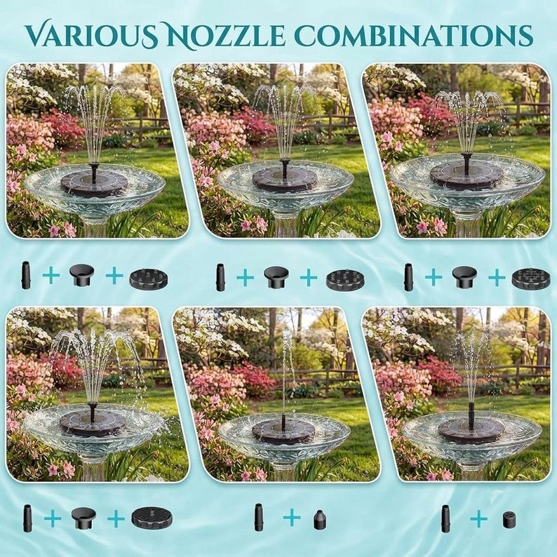 Solar fountain pump for bird bath with floating solar water pump and 6 interchangeable fountain nozzles creating a decorative garden water feature. Solar bird bath fountain adds moving water to bird baths, small ponds, outdoor fountains, and backyard gardens while attracting birds, hummingbirds, butterflies, and pollinators. Eco-friendly solar pond pump operates in direct sunlight for patios, landscaping, wildlife gardens, outdoor décor, and peaceful water fountain displays.