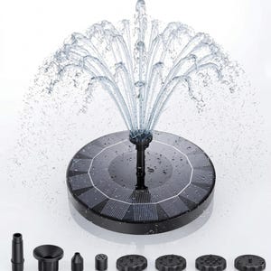 Solar fountain pump for bird bath with floating solar water pump and 6 interchangeable fountain nozzles creating a decorative garden water feature. Solar bird bath fountain adds moving water to bird baths, small ponds, outdoor fountains, and backyard gardens while attracting birds, hummingbirds, butterflies, and pollinators. Eco-friendly solar pond pump operates in direct sunlight for patios, landscaping, wildlife gardens, outdoor décor, and peaceful water fountain displays.