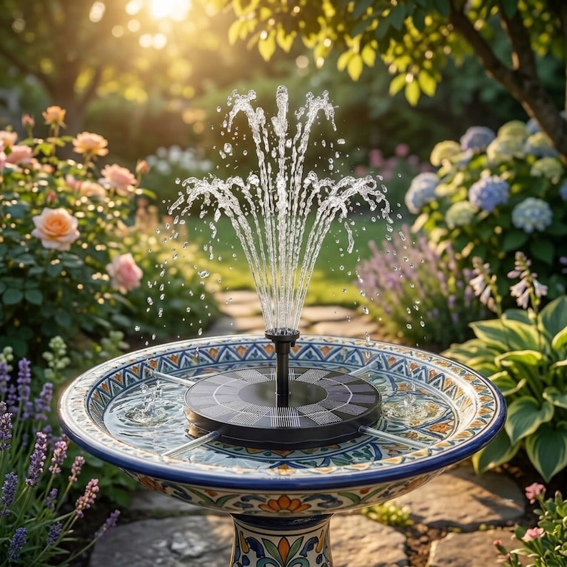 Solar fountain pump for bird bath with floating solar water pump and 6 interchangeable fountain nozzles creating a decorative garden water feature. Solar bird bath fountain adds moving water to bird baths, small ponds, outdoor fountains, and backyard gardens while attracting birds, hummingbirds, butterflies, and pollinators. Eco-friendly solar pond pump operates in direct sunlight for patios, landscaping, wildlife gardens, outdoor décor, and peaceful water fountain displays.