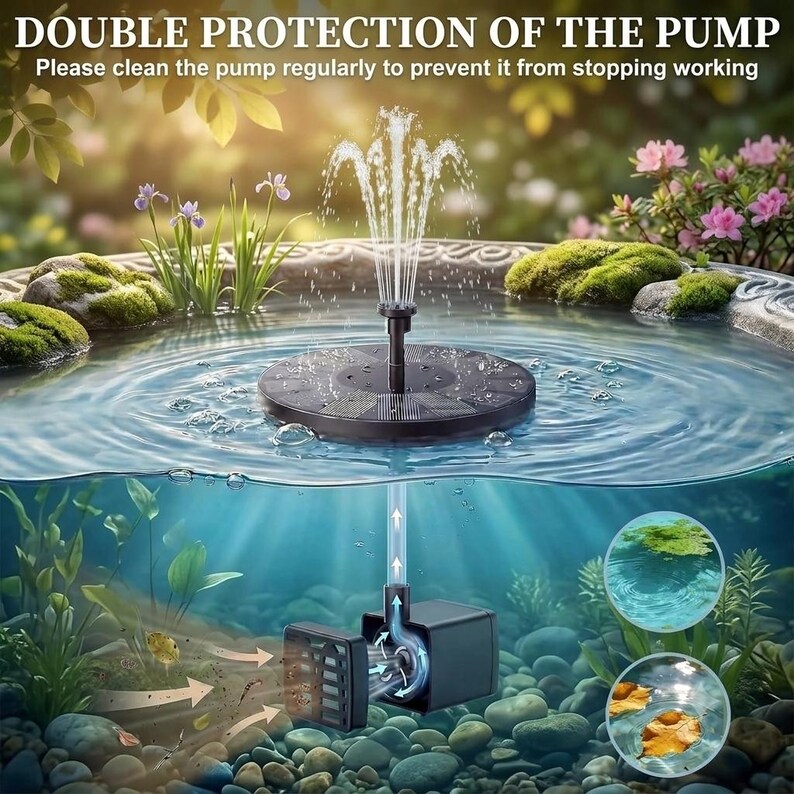 Solar fountain pump for bird bath with floating solar water pump and 6 interchangeable fountain nozzles creating a decorative garden water feature. Solar bird bath fountain adds moving water to bird baths, small ponds, outdoor fountains, and backyard gardens while attracting birds, hummingbirds, butterflies, and pollinators. Eco-friendly solar pond pump operates in direct sunlight for patios, landscaping, wildlife gardens, outdoor décor, and peaceful water fountain displays.