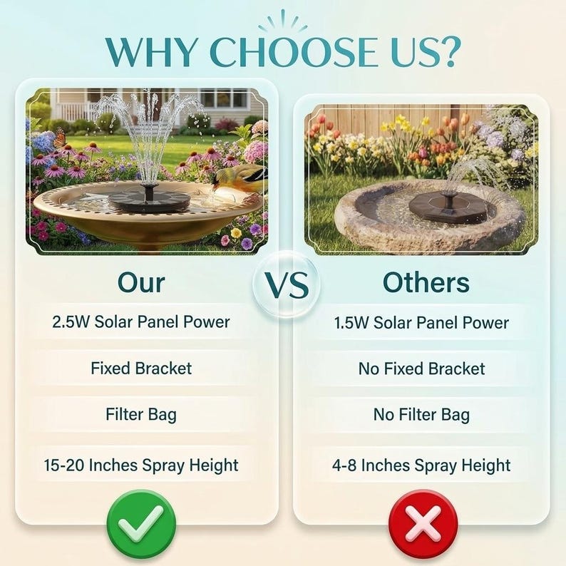Solar fountain pump for bird bath with floating solar water pump and 6 interchangeable fountain nozzles creating a decorative garden water feature. Solar bird bath fountain adds moving water to bird baths, small ponds, outdoor fountains, and backyard gardens while attracting birds, hummingbirds, butterflies, and pollinators. Eco-friendly solar pond pump operates in direct sunlight for patios, landscaping, wildlife gardens, outdoor décor, and peaceful water fountain displays.
