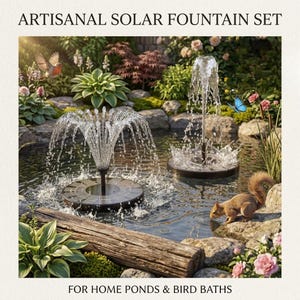 Solar fountain pump for bird bath with floating solar water pump and 6 interchangeable fountain nozzles creating a decorative garden water feature. Solar bird bath fountain adds moving water to bird baths, small ponds, outdoor fountains, and backyard gardens while attracting birds, hummingbirds, butterflies, and pollinators. Eco-friendly solar pond pump operates in direct sunlight for patios, landscaping, wildlife gardens, outdoor décor, and peaceful water fountain displays.