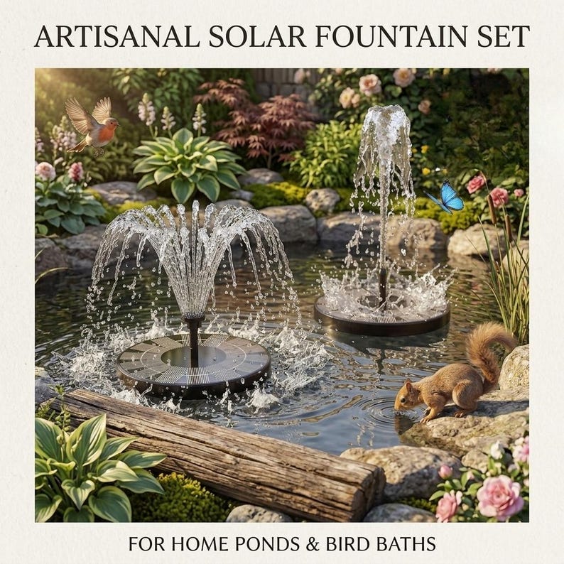 Solar fountain pump for bird bath with floating solar water pump and 6 interchangeable fountain nozzles creating a decorative garden water feature. Solar bird bath fountain adds moving water to bird baths, small ponds, outdoor fountains, and backyard gardens while attracting birds, hummingbirds, butterflies, and pollinators. Eco-friendly solar pond pump operates in direct sunlight for patios, landscaping, wildlife gardens, outdoor décor, and peaceful water fountain displays.