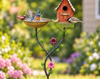 Metal Bird Bath & Bird House with Pole | 2-in-1 Outdoor Birdhouse Feeder | Garden Bird Bath Stand for Yard and Patio Decor