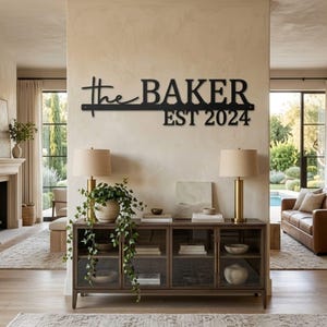 Op de afbeelding: Een zwart metalen wandbord met het woord the in cursief schrift, gevolgd door het woord BAKER in een vet schreefloos lettertype en de tekst EST 2024 eronder. Het bord is horizontaal bevestigd aan een lichtbeige muur boven een console.