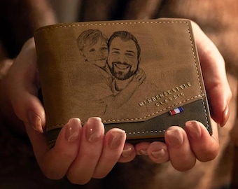 Personalized Photo Engraved Wallet for Men | Custom Leather Wallet with Picture | Unique Gift for Dad Husband Boyfriend | Anniversary  Gift