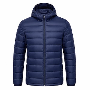 Marineblaue Herren-Steppjacke | Leichter, gesteppter Wintermantel mit Kapuze | Packbare, warme Steppjacke mit Reißverschluss – das perfekte Geschenk