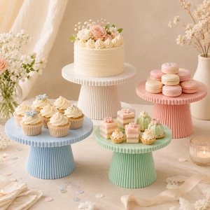 May include: A collection of four fluted cake stands in white, light blue, pastel pink, and mint green. The white stand holds a frosted cake with flowers, the pink stand holds stacked macarons, and the blue and green stands hold assorted cupcakes and small pastries.