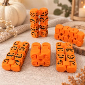 May include: Five orange plastic fidget toys with black printed jack-o'-lantern faces. The toys consist of interconnected, hinged segments that can be folded and manipulated into various shapes. Each segment features a unique carved pumpkin expression.