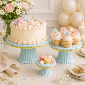 Puede incluir: Un pastel redondo grande con glaseado blanco y decoraciones florales en tonos pastel sobre un soporte de pedestal azul claro, junto a tres cupcakes en un soporte mediano a juego y dos macarons en un soporte pequeño azul claro.
