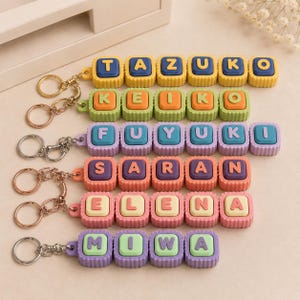 Può includere: Sei portachiavi personalizzati composti da blocchi quadrati colorati con bordi scanalati e lettere in rilievo. I nomi TAZUKO, KEIKO, FUYUKI, SARAN, ELENA e MIWA sono composti in varie combinazioni di colori tra cui giallo, blu, verde, arancione, viola e rosa.