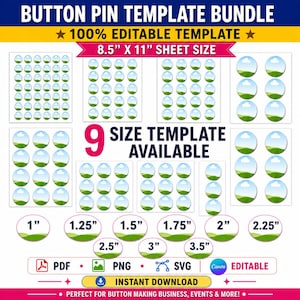 Puede incluir: Un paquete de plantillas para chapas con 9 tamaños disponibles, desde 1 pulgada hasta 3,5 pulgadas, en hojas de 8,5 por 11 pulgadas. El gráfico muestra iconos circulares de paisajes, iconos de formato PDF, PNG y SVG, y etiquetas de texto.