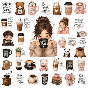 Puede incluir: Una colección de pegatinas con temática de café que presenta una ilustración central de una persona con un moño sosteniendo una taza con la etiqueta COFFEE LOVER, rodeada de tazas, osos, un panda, granos de café y frases de texto.
