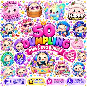 Puede incluir: Una colección digital de 50 ilustraciones con temática de dumplings que presenta varios personajes lindos con atuendos coloridos, incluyendo un jugador, un estudiante y un mago, rodeados de corazones, estrellas y el texto 50 DUMPLING PNG & SVG BUNDLE.