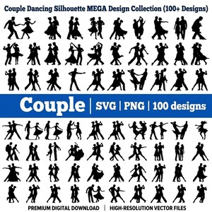 Peut inclure: Une collection numérique de plus de 100 silhouettes noires représentant des couples dansant dans diverses poses. L'image contient le texte Couple Dancing Silhouette MEGA Design Collection, Couple | SVG | PNG | 100 designs et PREMIUM DIGITAL DOWNLOAD.