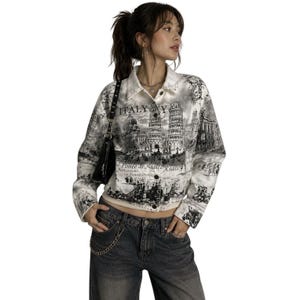 Vtg Y2K IMPULSE California   Cropped Italy Rome Scenes  Travel Jacket Large