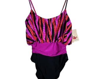 Traje de baño Cole vintage de los años 80, nuevo con etiquetas, de una pieza, rosa neón con estampado de cebra, talla 14.