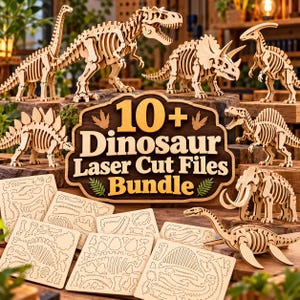 Puede incluir: Una colección de modelos de esqueletos de dinosaurios de madera clara y hojas de rompecabezas cortadas con láser. Un letrero central de madera muestra el texto 10+ Dinosaur Laser Cut Files Bundle. Los modelos incluyen varias criaturas prehistóricas.