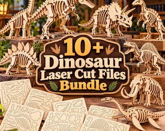 May include: A collection of light-colored wooden dinosaur skeleton models and flat laser-cut puzzle sheets. A central wooden sign displays the text 10+ Dinosaur Laser Cut Files Bundle. The models include various prehistoric creatures in standing poses.