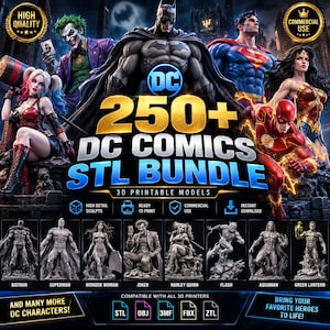May include: A digital collection of 250+ DC Comics 3D printable models featuring Batman, Superman, Wonder Woman, Joker, Harley Quinn, Flash, Aquaman, and Green Lantern. The bundle includes STL, OBJ, 3MF, FBX, and ZTL file formats for 3D printing.
