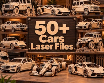May include: A collection of wooden model cars displayed on shelves, featuring various vehicle types including SUVs, sports cars, and a Formula 1 racer. A central dark wooden sign displays the text 50+ Cars Laser Files in light wood lettering.