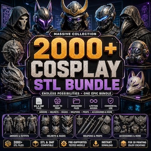Pode incluir: Um gráfico digital com o texto 2000+ COSPLAY STL BUNDLE. A imagem mostra vários designs imprimíveis em 3D, incluindo capacetes, máscaras, armaduras, armas e acessórios. Ícones indicam formatos de arquivo STL e 3MF, prontos para imprimir, arquivos organizados, acesso vitalício e uso comercial para projetos de impressão 3D.