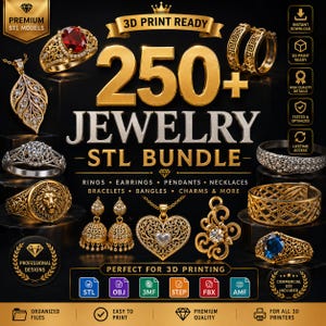 May include: A digital collection of 250+ jewelry STL models for 3D printing, featuring gold and silver rings, earrings, pendants, necklaces, and bangles with intricate filigree, lion, heart, and gemstone designs, including file format icons.