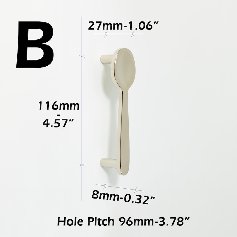 May include: A silver-toned metal cabinet handle labeled B, featuring a spoon-shaped design. Dimensions include a 1.06-inch width, 4.57-inch total length, 0.32-inch base width, and a 3.78-inch hole pitch, clearly marked with technical measurements.