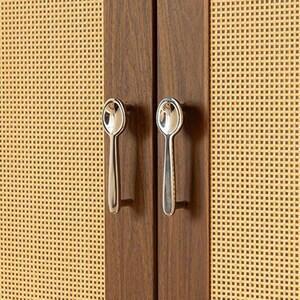 May include: Two silver-toned metal cabinet handles shaped like spoons attached to dark brown wooden cabinet doors with a light tan woven cane mesh paneling. The handles are vertically oriented and feature a polished, reflective metallic finish.