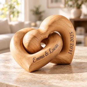 May include: A light brown wooden sculpture consisting of two interlocking heart shapes. The wood features a visible natural grain pattern. The text Emma & Lucas is engraved on the front heart, and the date 14.02.2025 is engraved on the side.