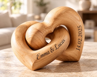 Cadeau voor het 5-jarig jubileum van een stel, gepersonaliseerde houten hartjes, met naamgravure, houten jubileumcadeau voor man en vrouw