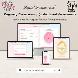 Puede incluir: Una plantilla de tarjeta de rascar digital para anuncios de embarazo y revelación de género mostrada en un monitor, portátil, tableta y teléfono. Las pantallas muestran campos de entrada, vistas previas y una casilla de contraseña.