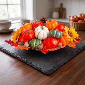 May include: A decorative centerpiece featuring an assortment of artificial pumpkins in orange, white, and green, accented with sunflowers, red berries, brown acorns, and a pinecone. The arrangement is displayed on a black rectangular slate tray.