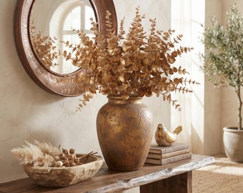 Gold Faux Eucalyptus Branches, 38cm Plastic Stems (10 Pcs) for Modern Home Decor