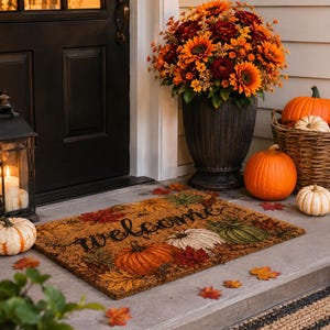 May include: A rectangular coir doormat featuring the word welcome in black script, surrounded by a printed pattern of orange pumpkins and multicolored autumn leaves. The mat is placed on a porch near a black lantern and a large dark planter.