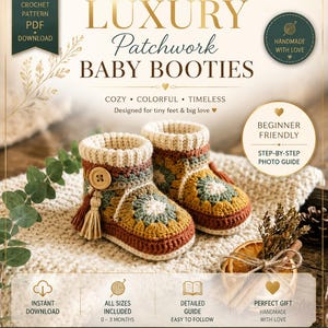 May include: A crochet pattern PDF download for luxury patchwork baby booties. The image features two small, handmade booties with a floral motif in shades of brown, green, and yellow, accented with a wooden button and a small tassel on the side.