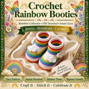 Pode incluir: Um par de sapatinhos de crochê para bebê com um padrão de arco-íris vibrante e detalhes de nuvens brancas. O texto diz Crochet Rainbow Booties, Rainbow Collection, PDF Download, Instant Access, Joyful, Handmade, Colorful, Artisan Handmade, Special Delivery, Easy Pattern, Instant Download, Rainbow Theme, Beginner Friendly, Craft It, Stitch It, Celebrate It.